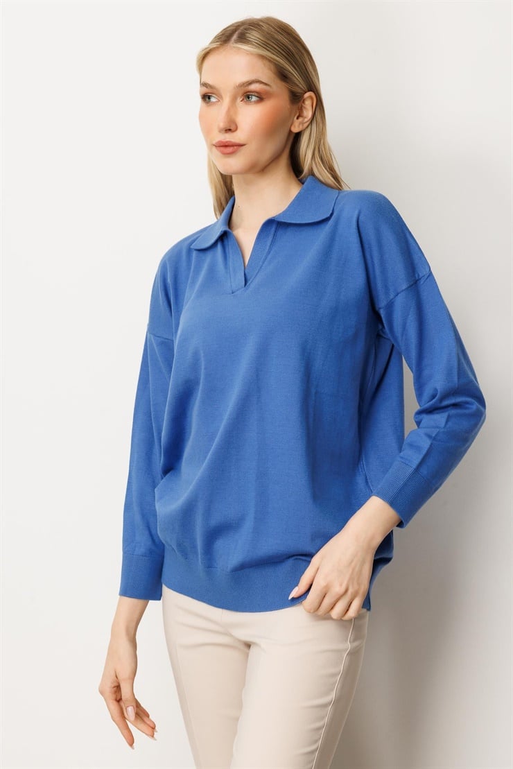 Mutlu Ertan Kadın Gömlek Yaka Triko Bluz Kobalt 20076