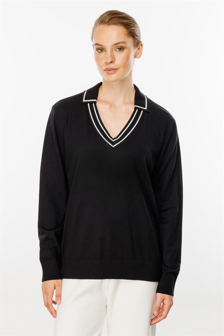 Mutlu Ertan Kadın Gömlek Yaka Triko Bluz Siyah 20131