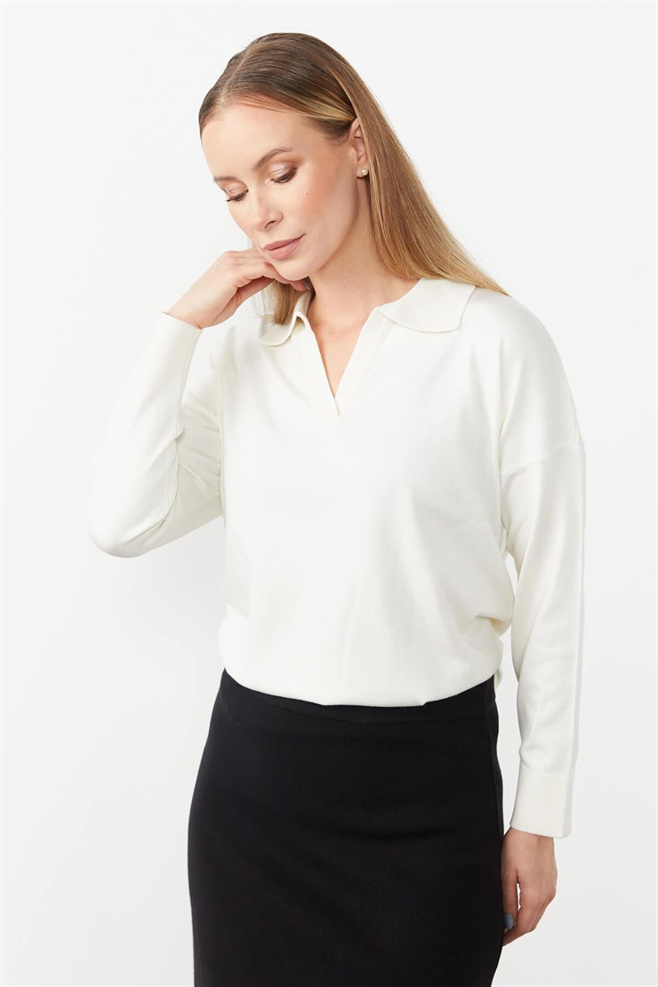 Mutlu Ertan Kadın Gömlek Yaka Triko Bluz Ekru 20076