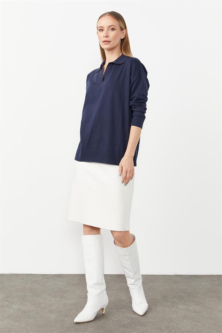 Mutlu Ertan Kadın Gömlek Yaka Triko Bluz Lacivert 20076