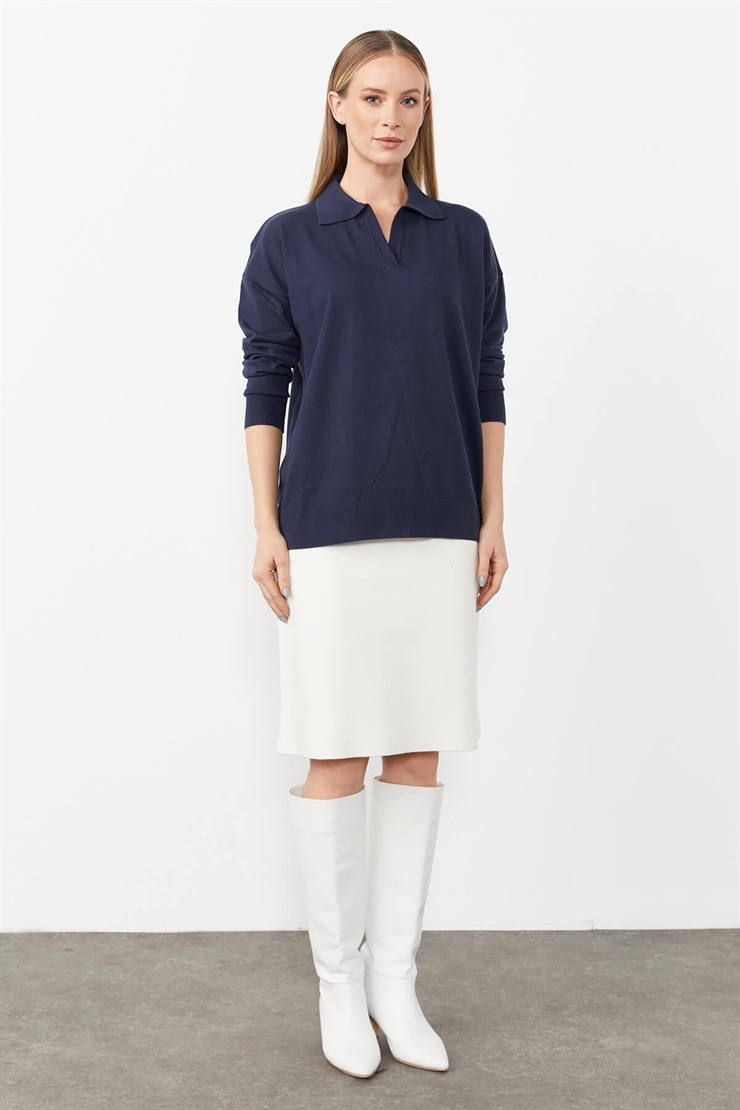 Mutlu Ertan Kadın Gömlek Yaka Triko Bluz Lacivert 20076