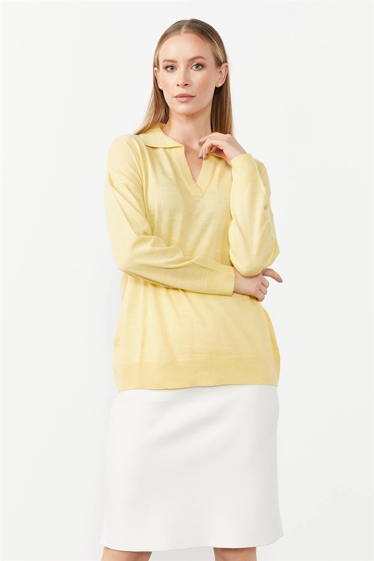Mutlu Ertan Kadın Gömlek Yaka Triko Bluz Sarı 20086