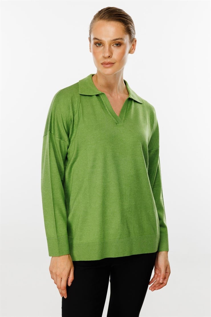 Mutlu Ertan Kadın Gömlek Yaka Triko Bluz Yesil 20076