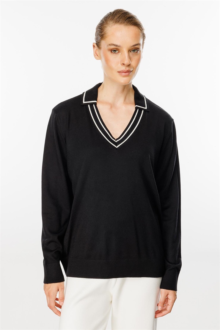 Mutlu Ertan Kadın Gömlek Yaka Triko Bluz Siyah 20131