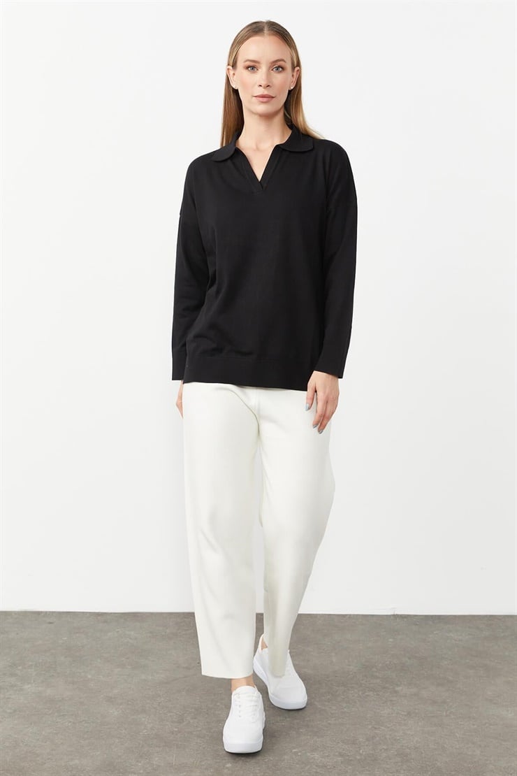 Mutlu Ertan Kadın Gömlek Yaka Triko Bluz Siyah 20076