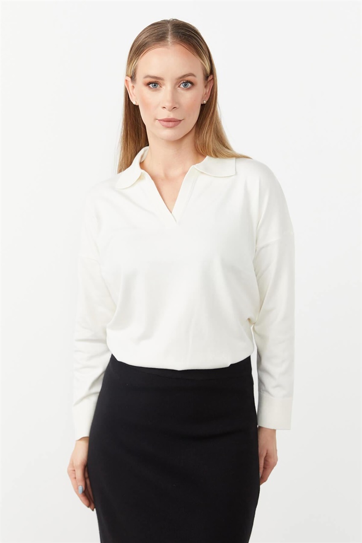 Mutlu Ertan Kadın Gömlek Yaka Triko Bluz Ekru 20076
