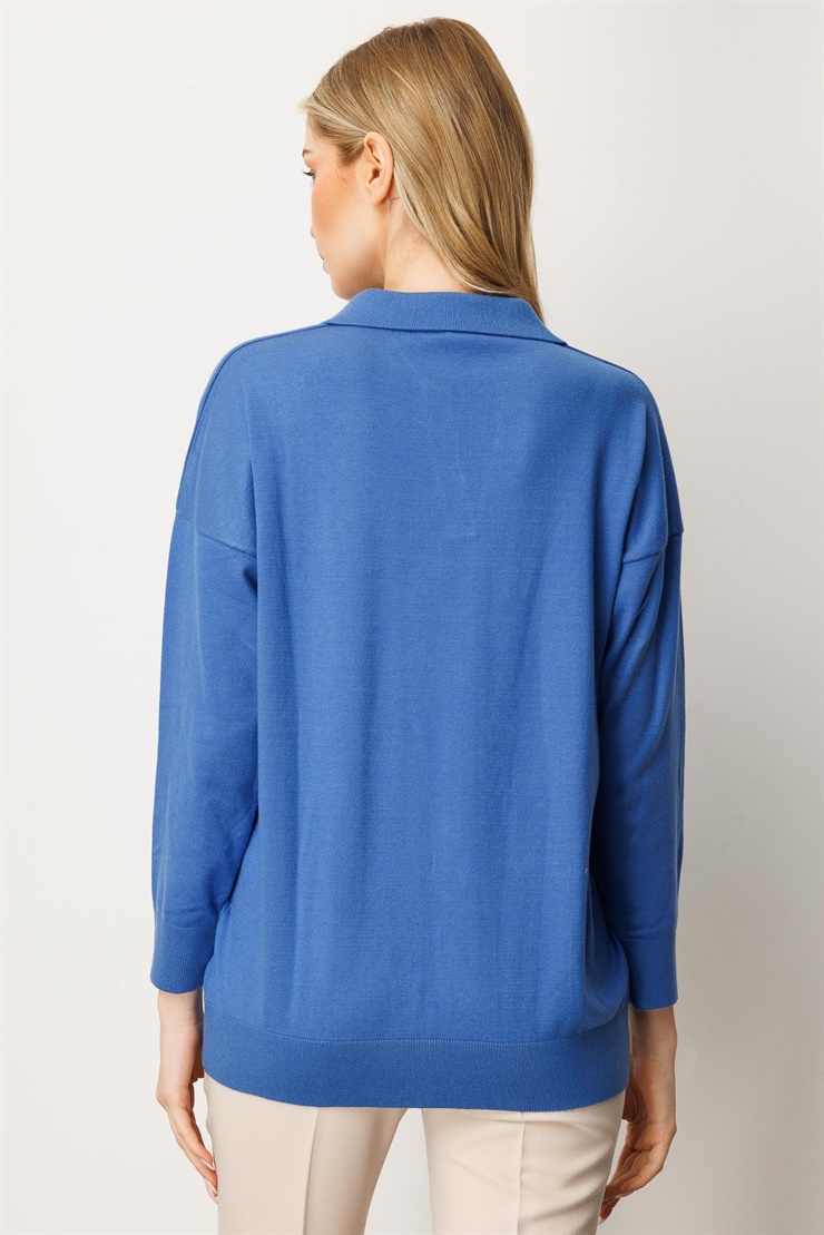 Mutlu Ertan Kadın Gömlek Yaka Triko Bluz Kobalt 20076