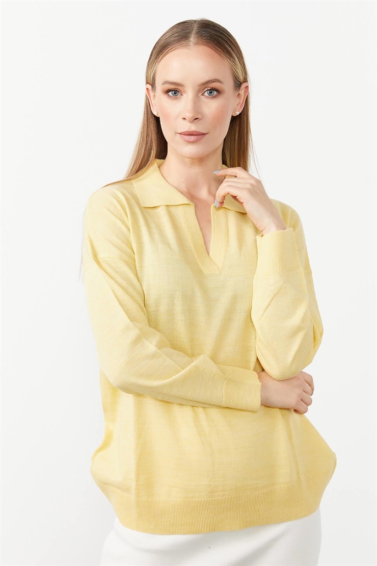 Mutlu Ertan Kadın Gömlek Yaka Triko Bluz Sarı 20086