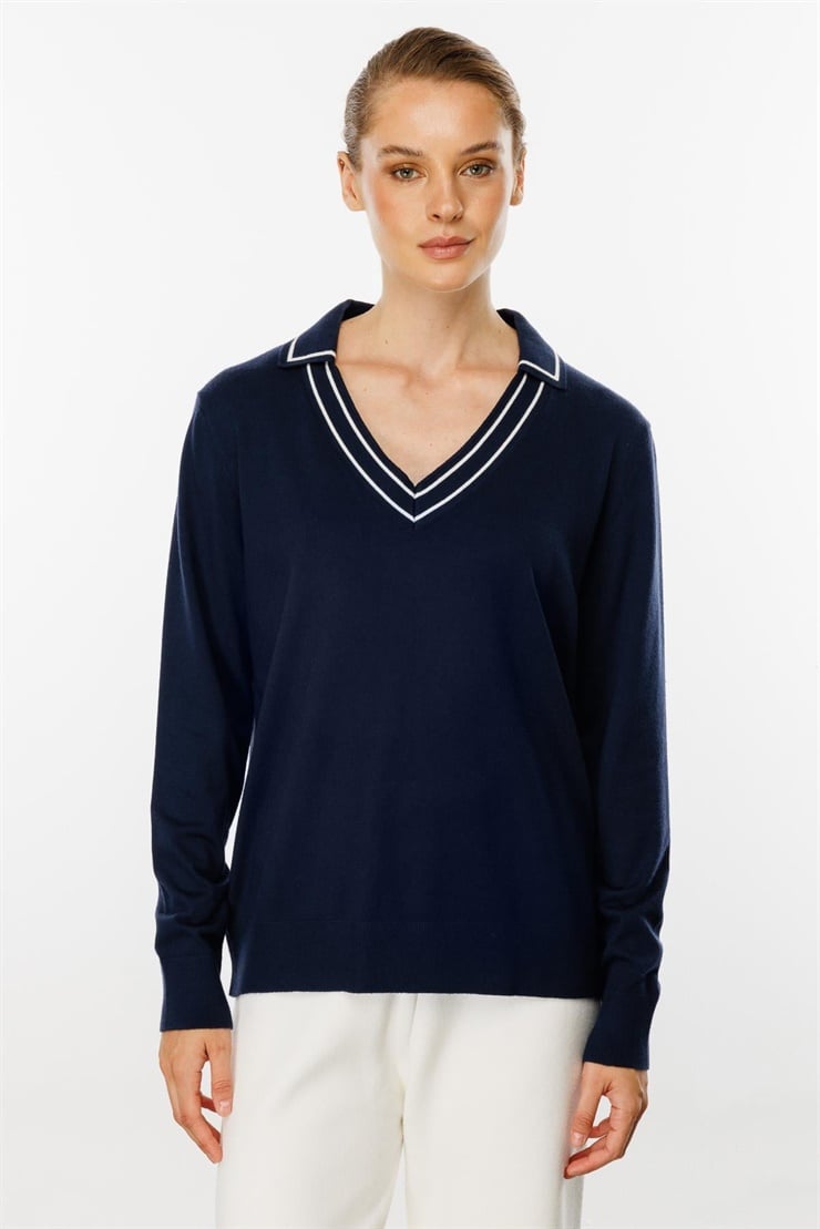 Mutlu Ertan Kadın Gömlek Yaka Triko Bluz Lacivert 20131