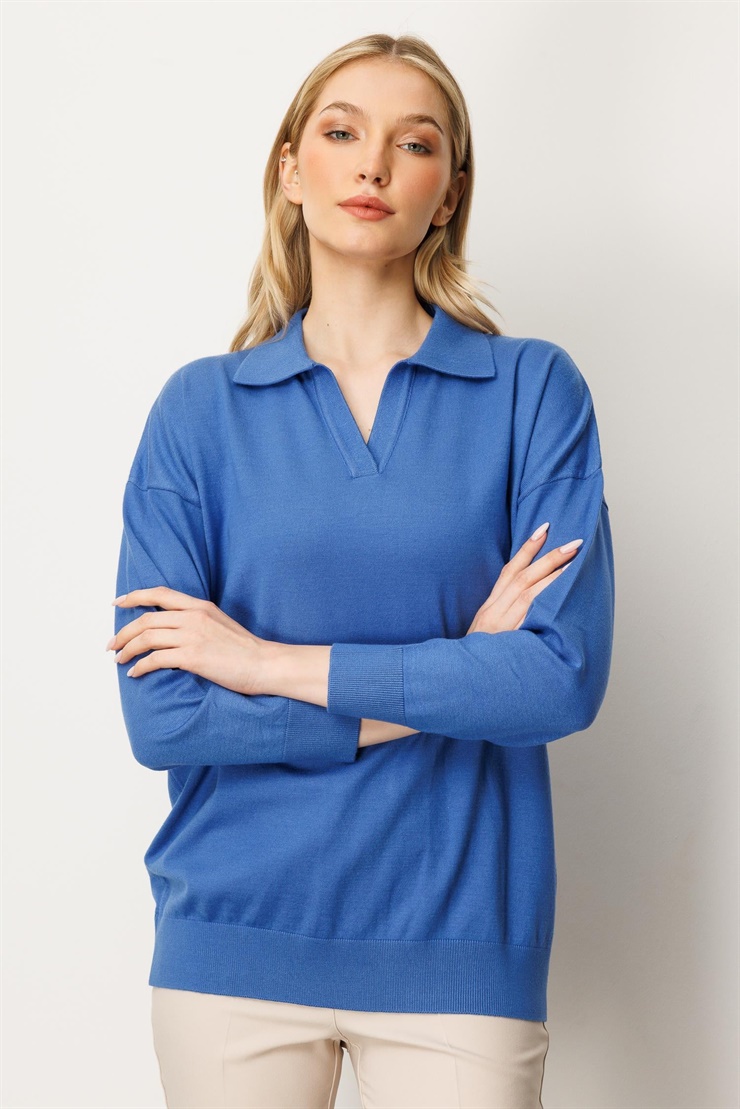 Mutlu Ertan Kadın Gömlek Yaka Triko Bluz Kobalt 20076