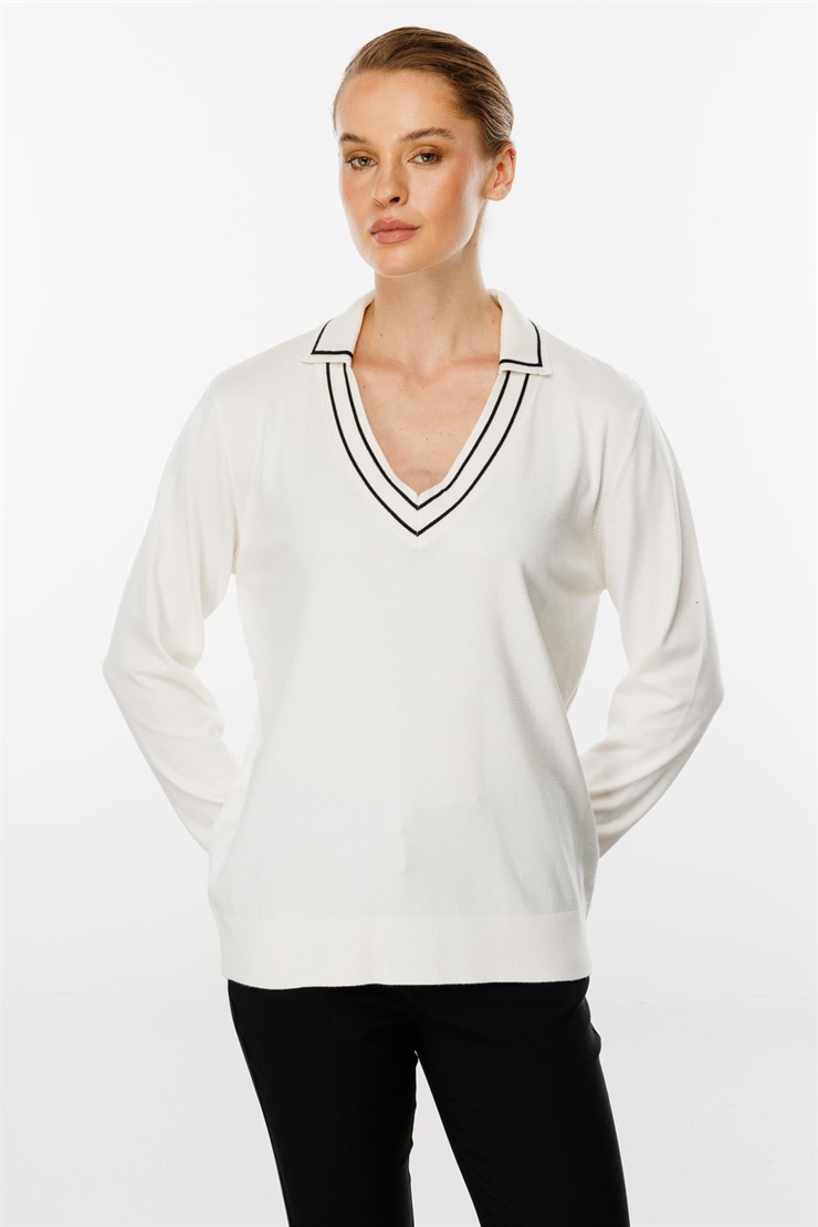 Mutlu Ertan Kadın Gömlek Yaka Triko Bluz Ekru 20131