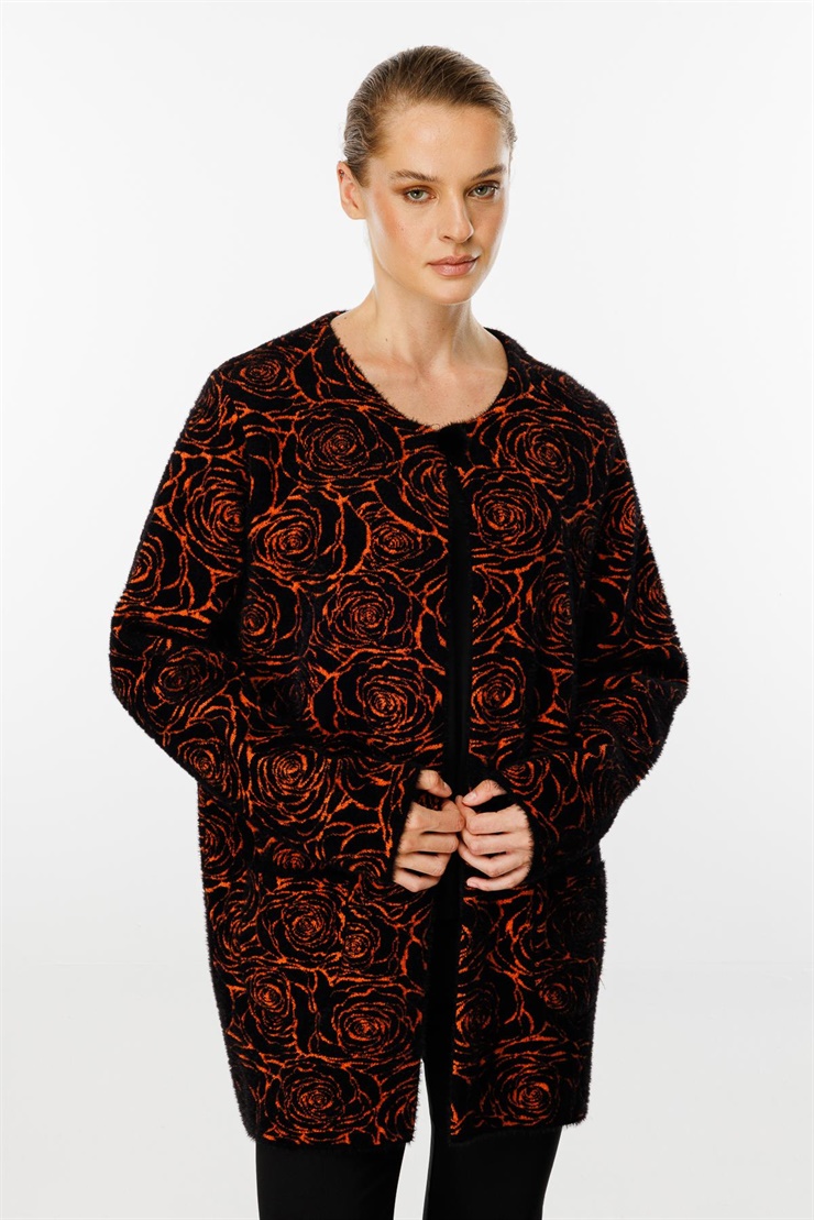 Mutlu Ertan Kadın Gül Desenli Angora Triko Cepli Hırka Siyah - Turuncu 2825