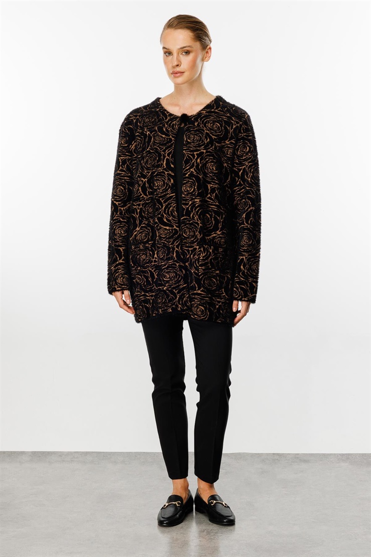 Mutlu Ertan Kadın Gül Desenli Angora Triko Cepli Hırka Siyah - Camel 2825