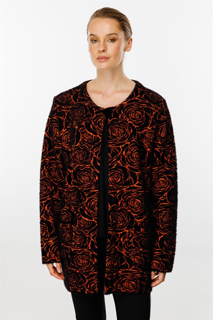 Mutlu Ertan Kadın Gül Desenli Angora Triko Cepli Hırka Siyah - Turuncu 2825