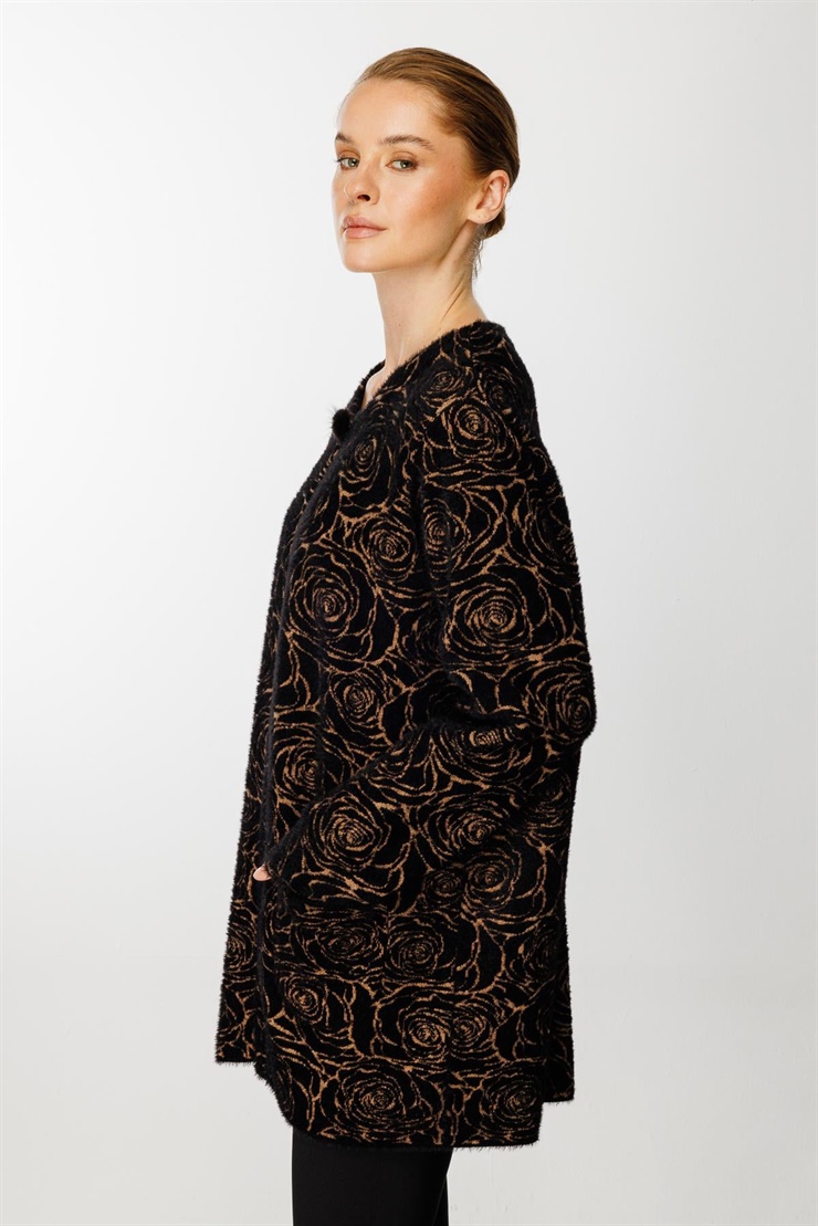 Mutlu Ertan Kadın Gül Desenli Angora Triko Cepli Hırka Siyah - Camel 2825