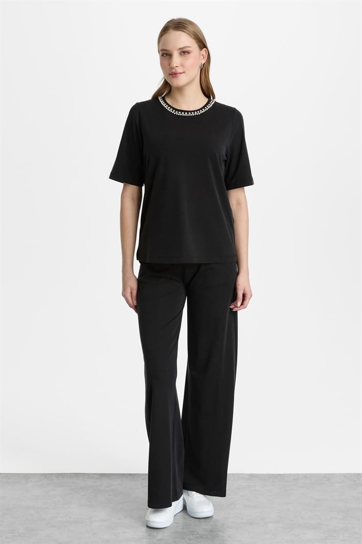 Mutlu Ertan Kadın İnci Detaylı Kısa Kollu Bluz Siyah 30473