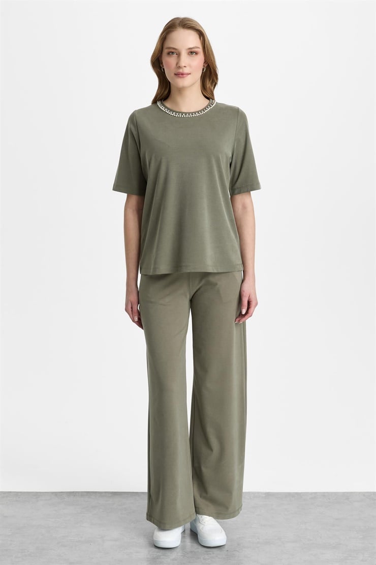 Mutlu Ertan Kadın İnci Detaylı Kısa Kollu Bluz Haki 30473