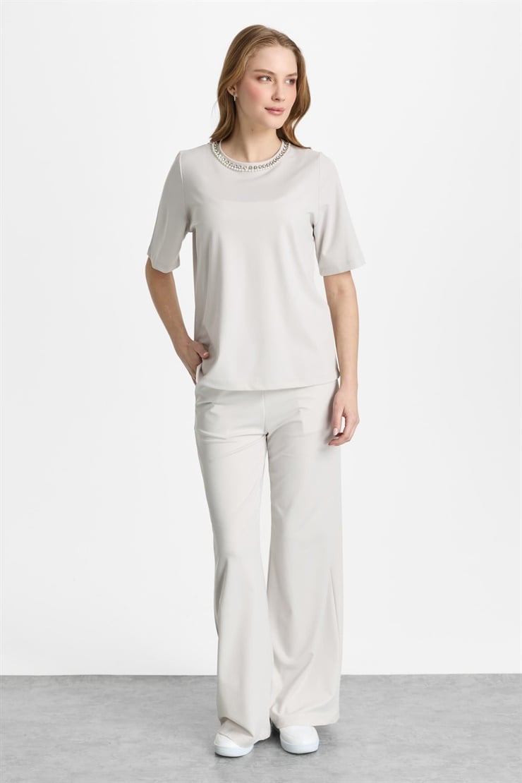 Mutlu Ertan Kadın İnci Detaylı Kısa Kollu Bluz Gri 30473