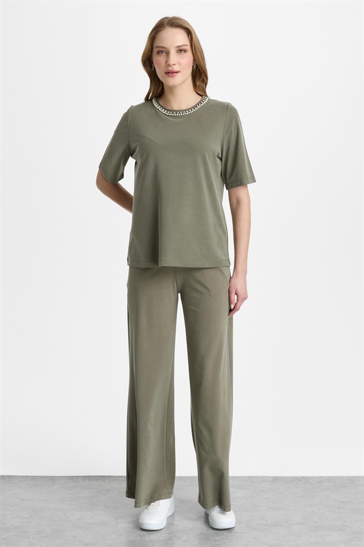 Mutlu Ertan Kadın İnci Detaylı Kısa Kollu Bluz Haki 30473