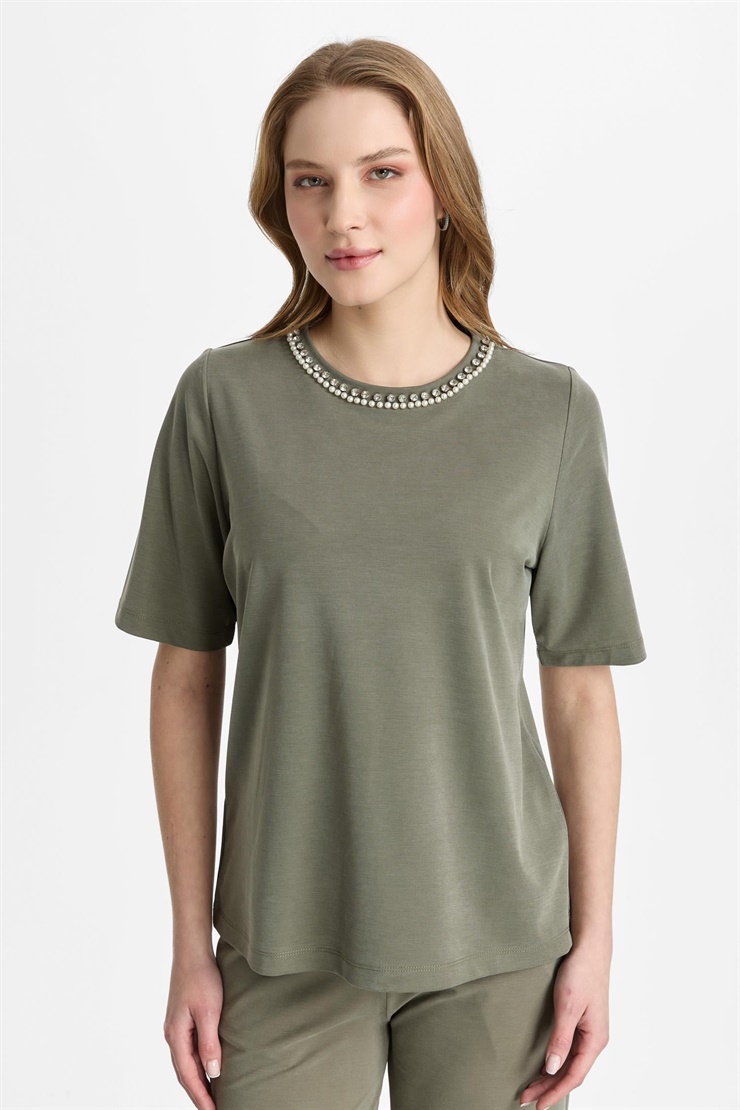 Mutlu Ertan Kadın İnci Detaylı Kısa Kollu Bluz Haki 30473