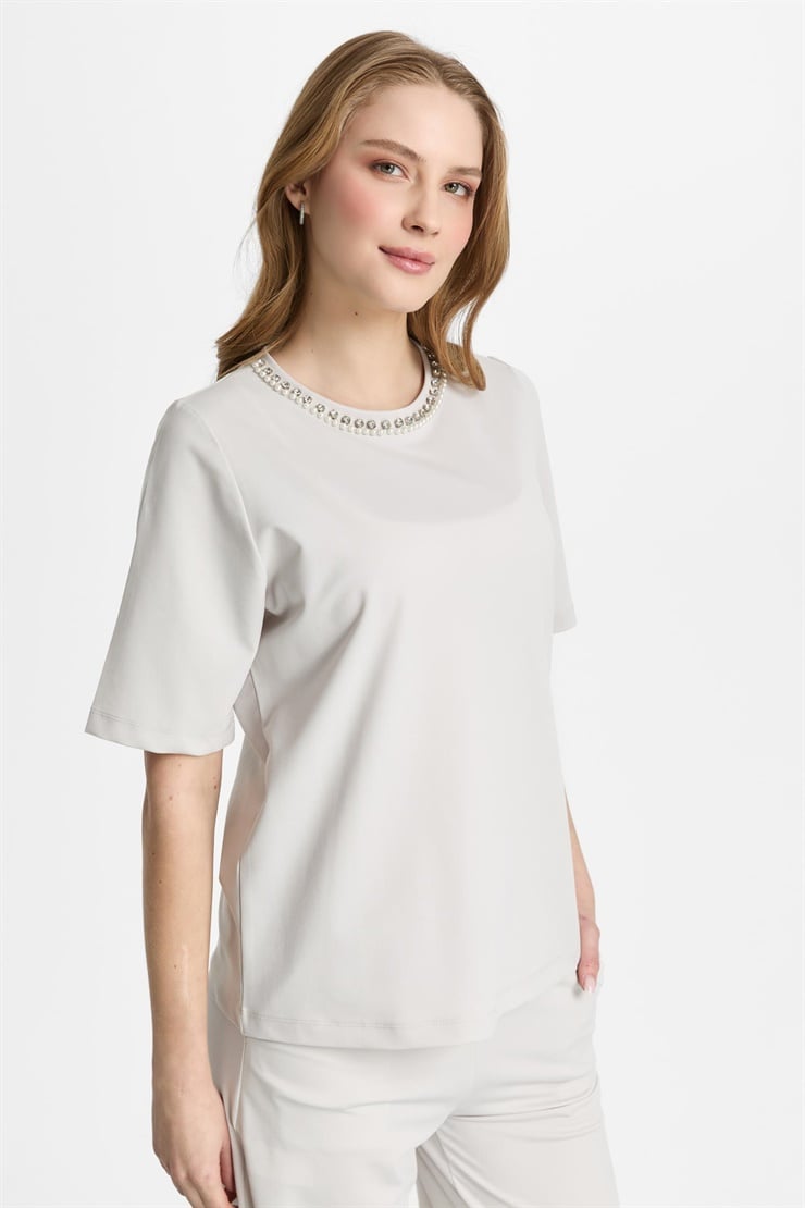 Mutlu Ertan Kadın İnci Detaylı Kısa Kollu Bluz Gri 30473