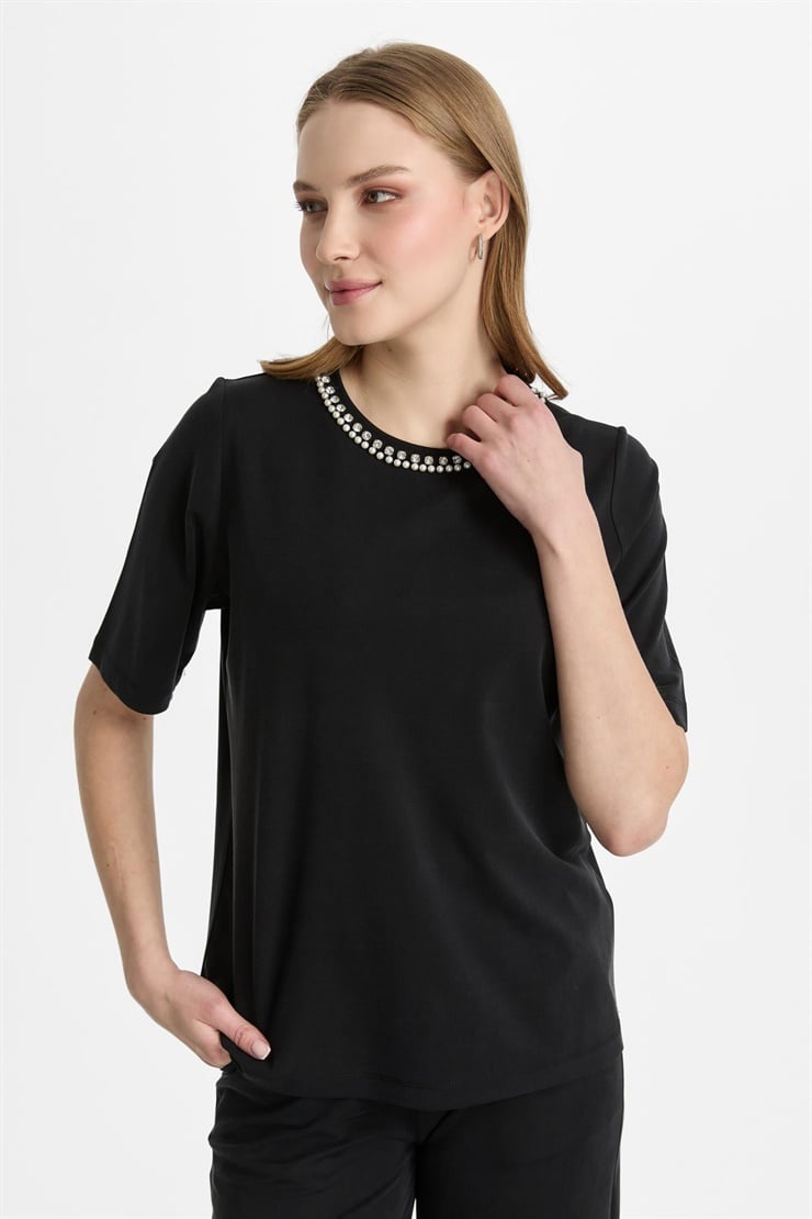Mutlu Ertan Kadın İnci Detaylı Kısa Kollu Bluz Siyah 30473