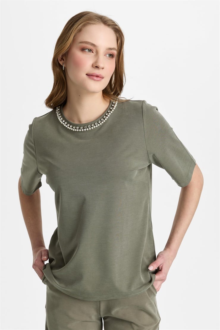 Mutlu Ertan Kadın İnci Detaylı Kısa Kollu Bluz Haki 30473