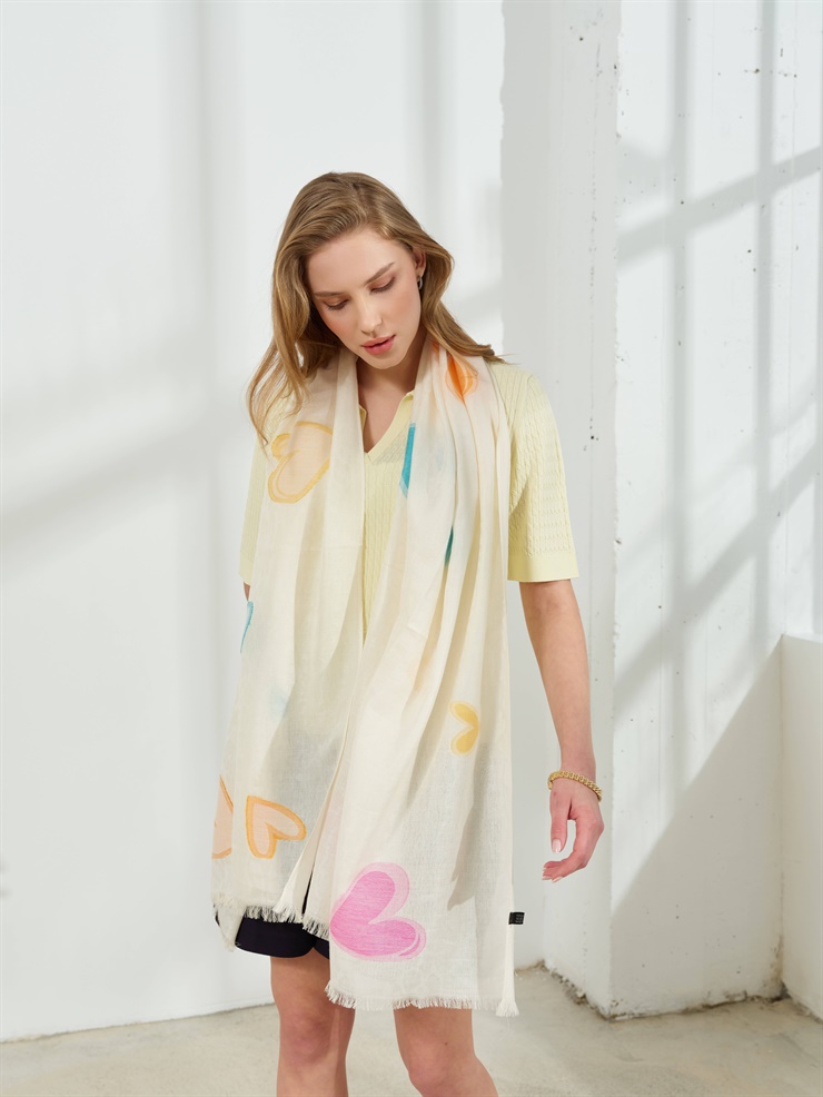 Mutlu Ertan Kadın Kalpli Şal Ekru 30491