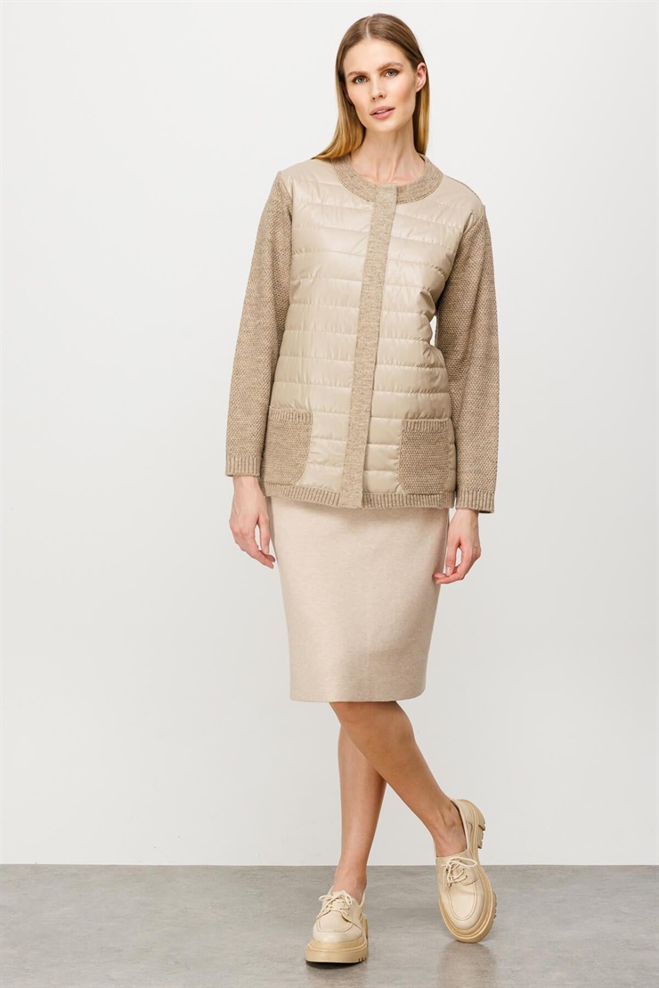 Mutlu Ertan Kadın Kapitone Kombinli Triko Ceket Vizon 20016