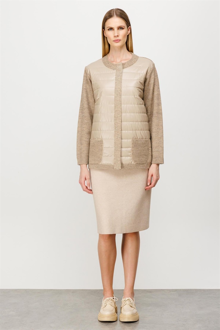 Mutlu Ertan Kadın Kapitone Kombinli Triko Ceket Vizon 20016