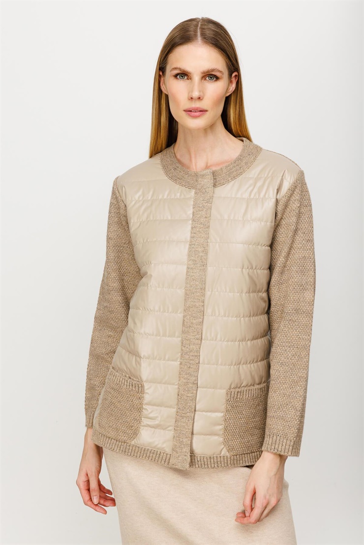 Mutlu Ertan Kadın Kapitone Kombinli Triko Ceket Vizon 20016