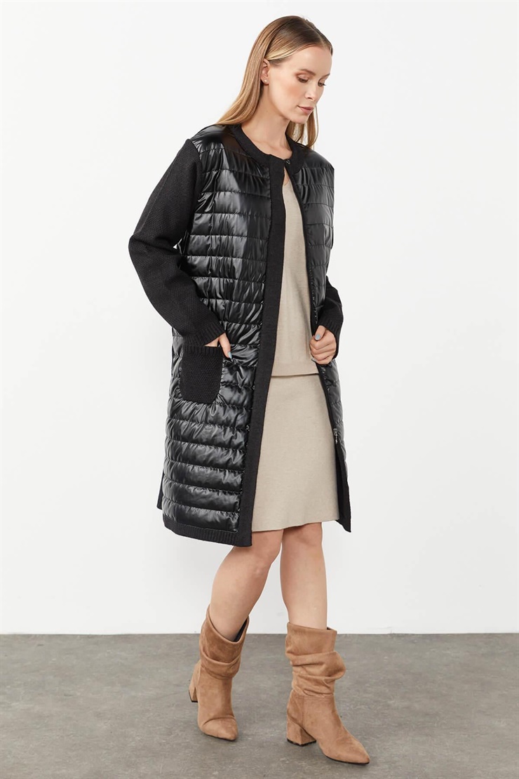 Mutlu Ertan Kadın Kapitone Uzun Triko Cep Detaylı Hırka Siyah 2200