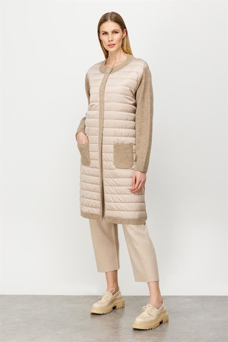 Mutlu Ertan Kadın Kapitone Uzun Triko Cep Detaylı Hırka Vizon 2200