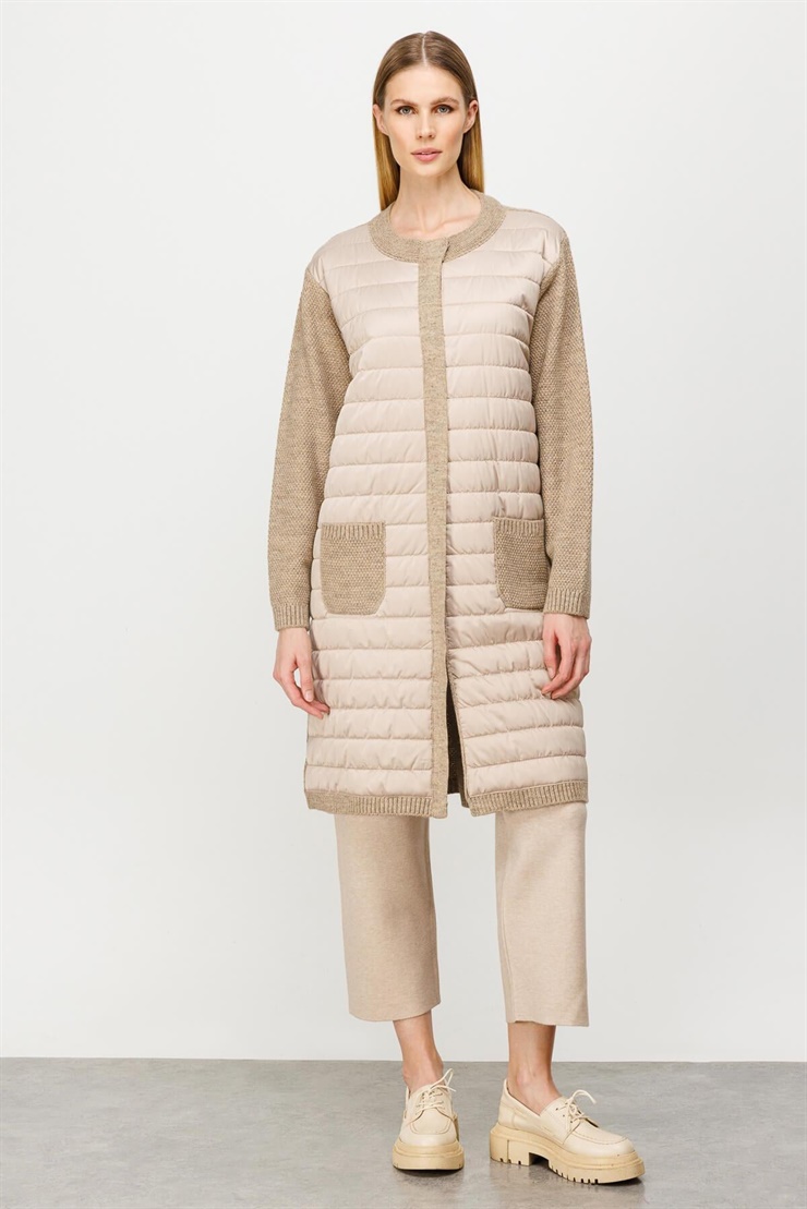 Mutlu Ertan Kadın Kapitone Uzun Triko Cep Detaylı Hırka Vizon 2200