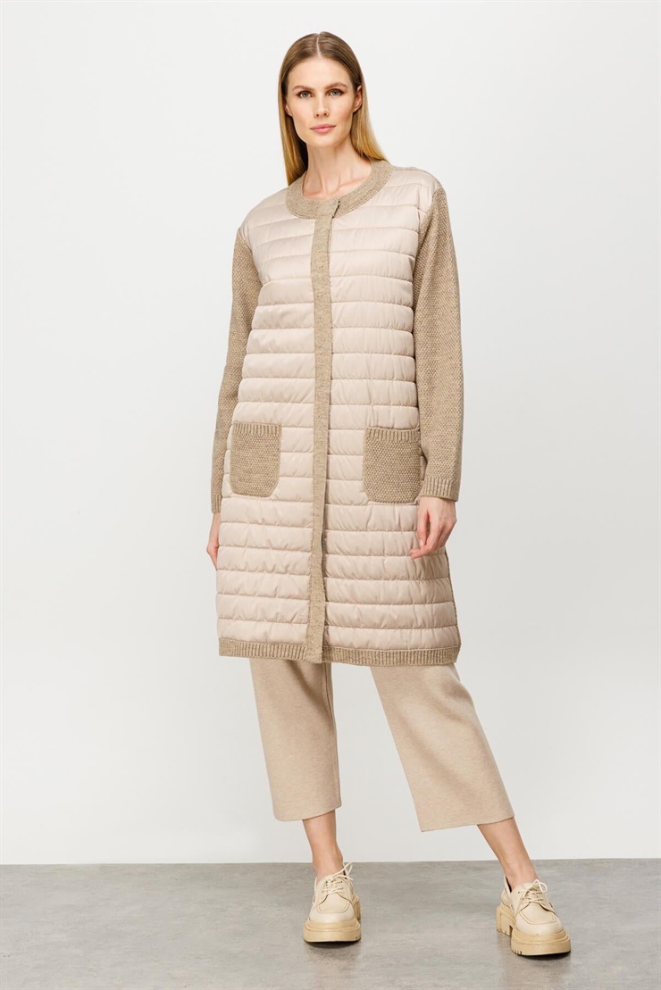 Mutlu Ertan Kadın Kapitone Uzun Triko Cep Detaylı Hırka Vizon 2200