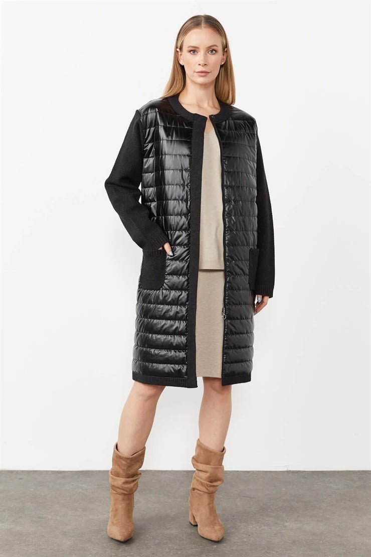 Mutlu Ertan Kadın Kapitone Uzun Triko Cep Detaylı Hırka Siyah 2200