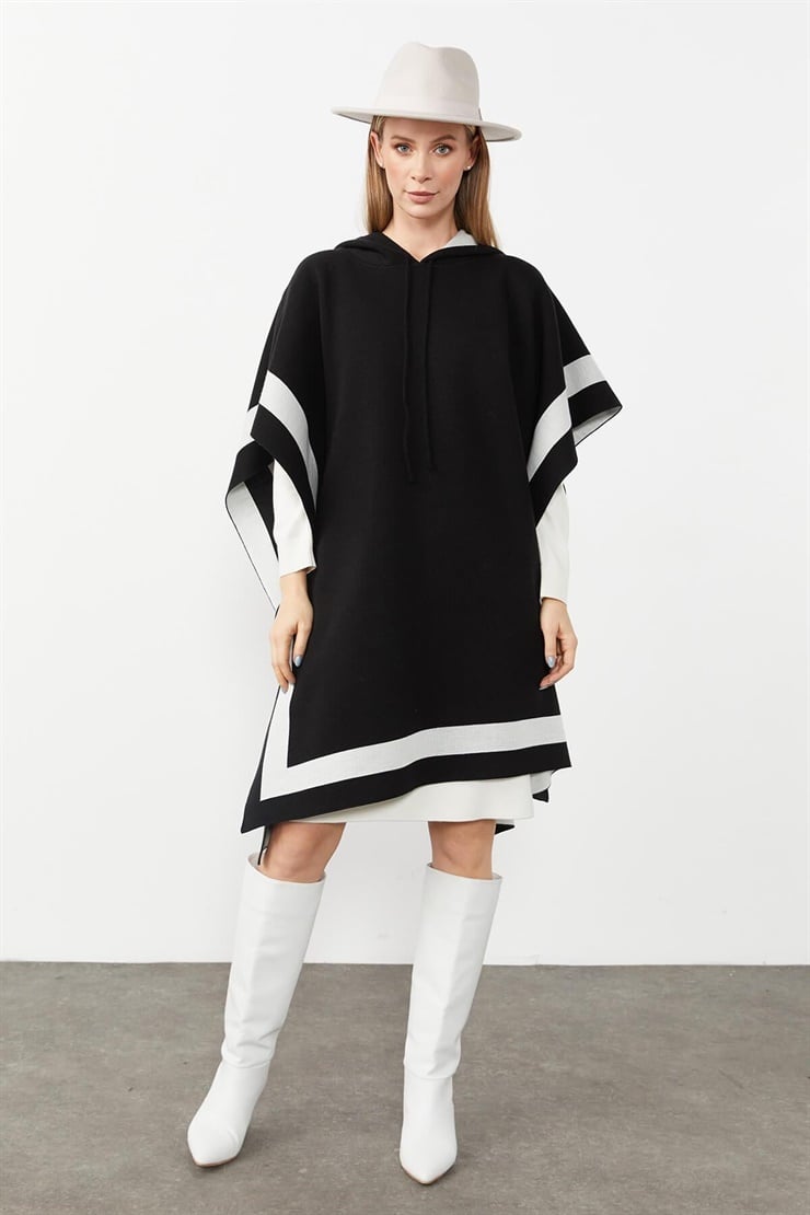 Mutlu Ertan Kadın Kapşonlu Triko Çizgili Panço Şal Siyah-Ekru 20092