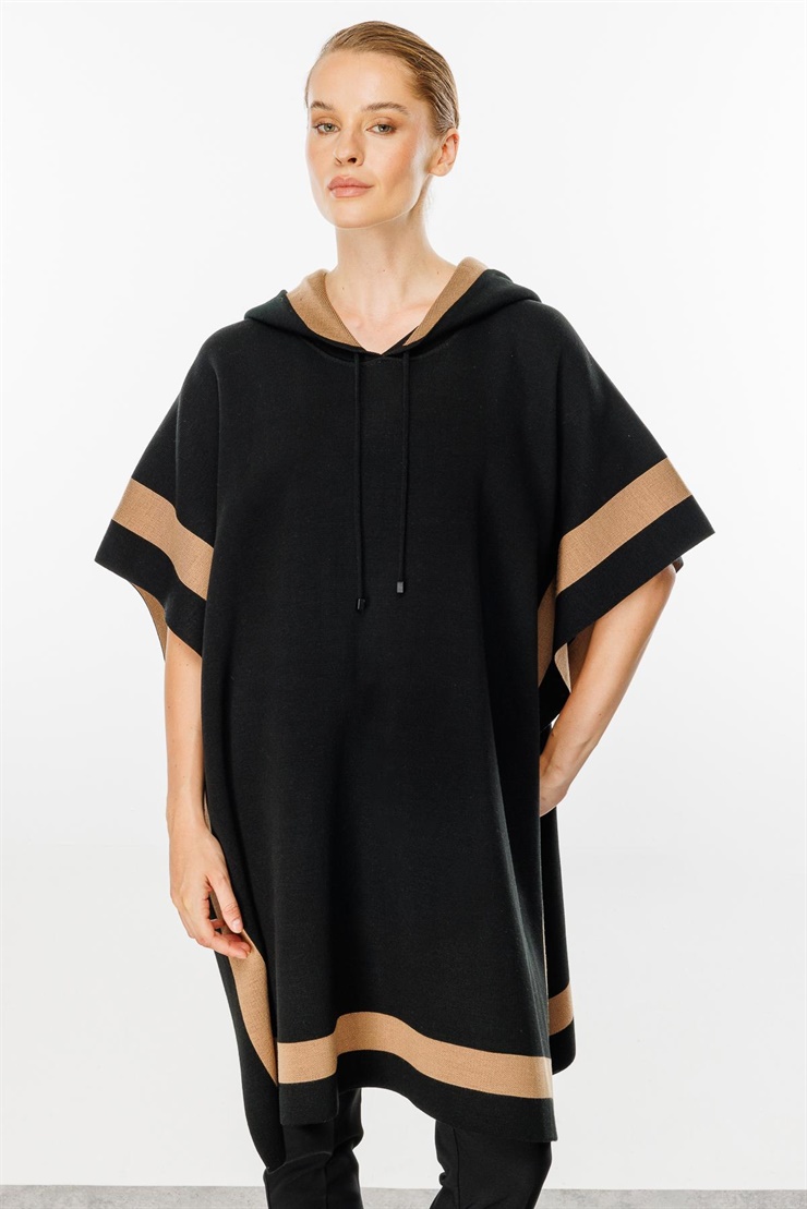 Mutlu Ertan Kadın Kapşonlu Triko Çizgili Panço Şal Siyah - Camel 20092