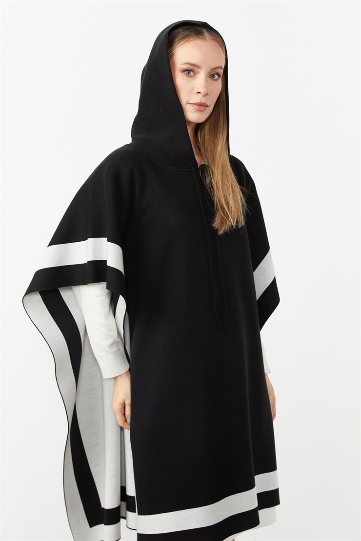 Mutlu Ertan Kadın Kapşonlu Triko Çizgili Panço Şal Siyah-Ekru 20092
