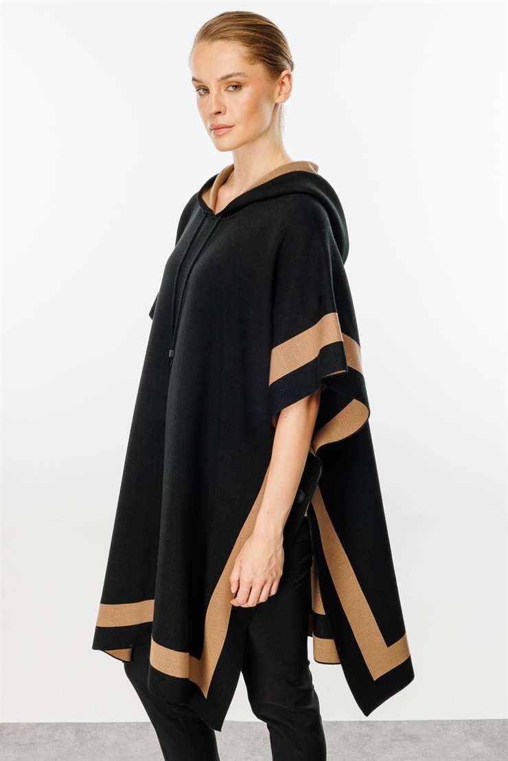 Mutlu Ertan Kadın Kapşonlu Triko Çizgili Panço Şal Siyah - Camel 20092