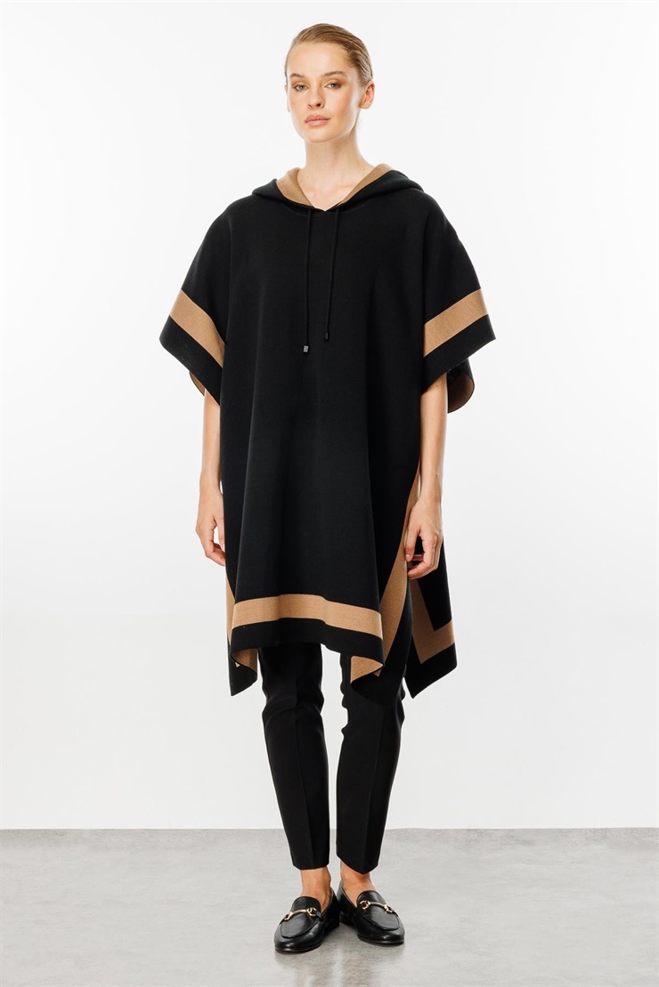 Mutlu Ertan Kadın Kapşonlu Triko Çizgili Panço Şal Siyah - Camel 20092