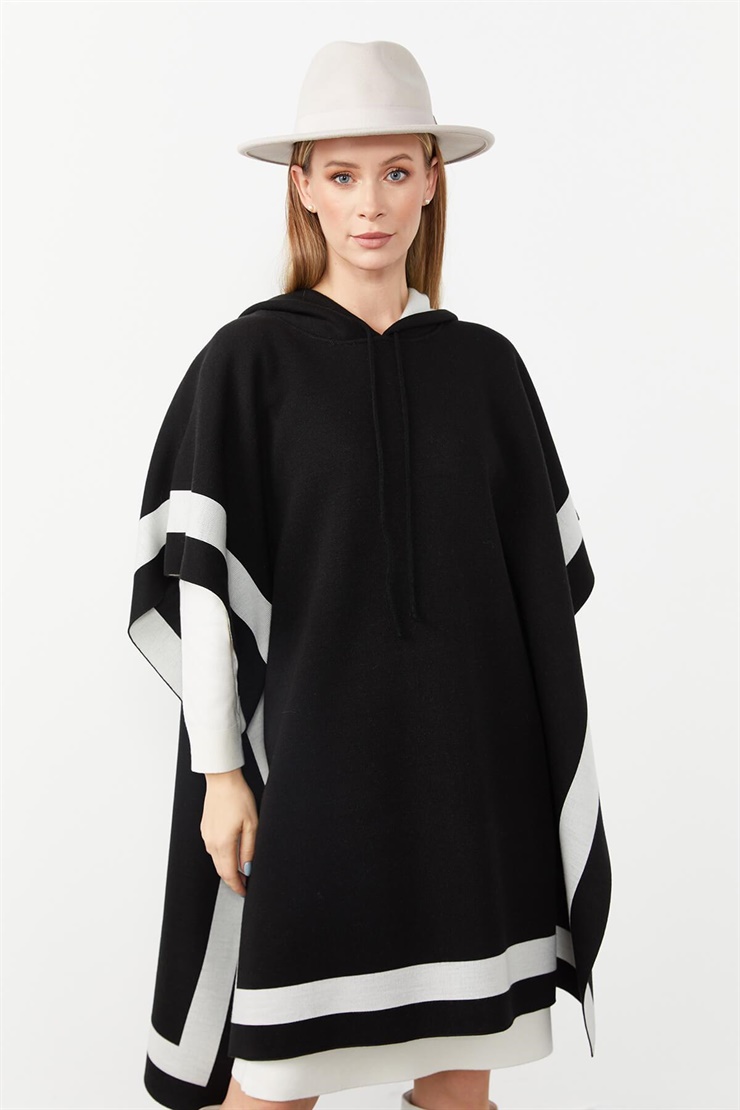 Mutlu Ertan Kadın Kapşonlu Triko Çizgili Panço Şal Siyah-Ekru 20092