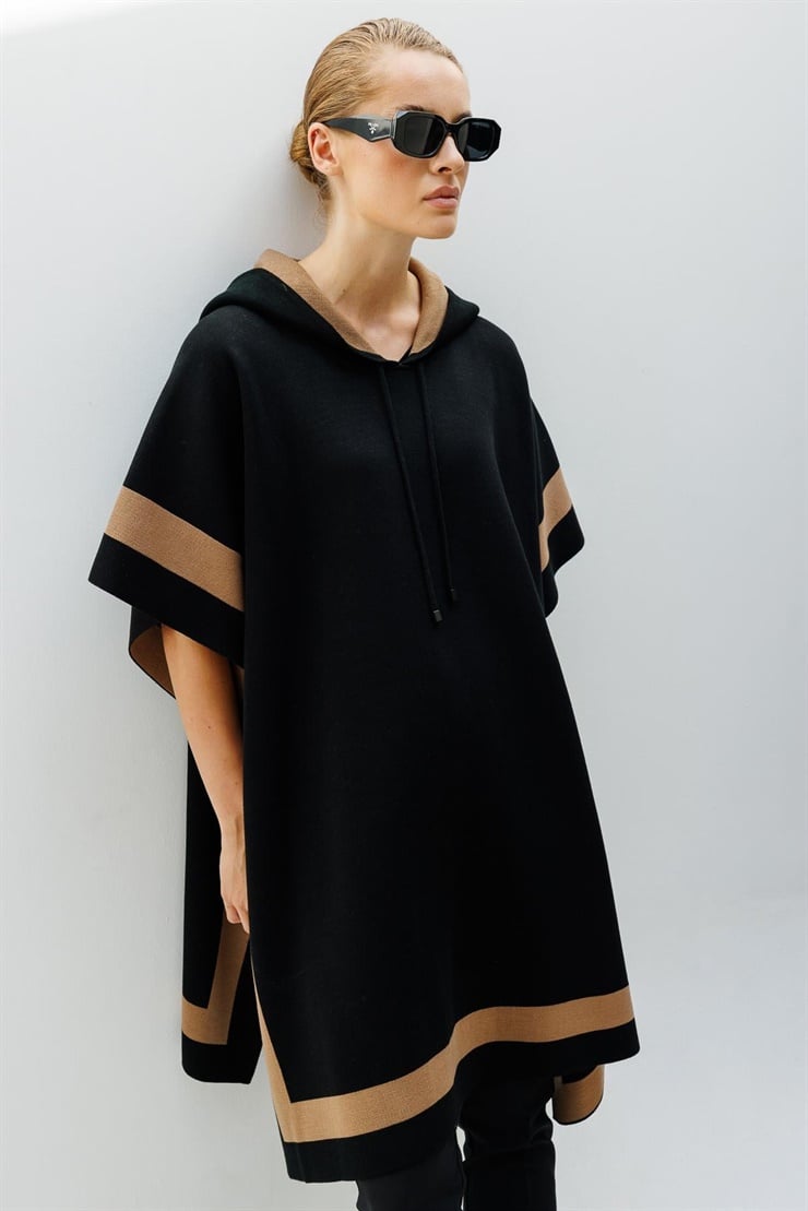 Mutlu Ertan Kadın Kapşonlu Triko Çizgili Panço Şal Siyah - Camel 20092