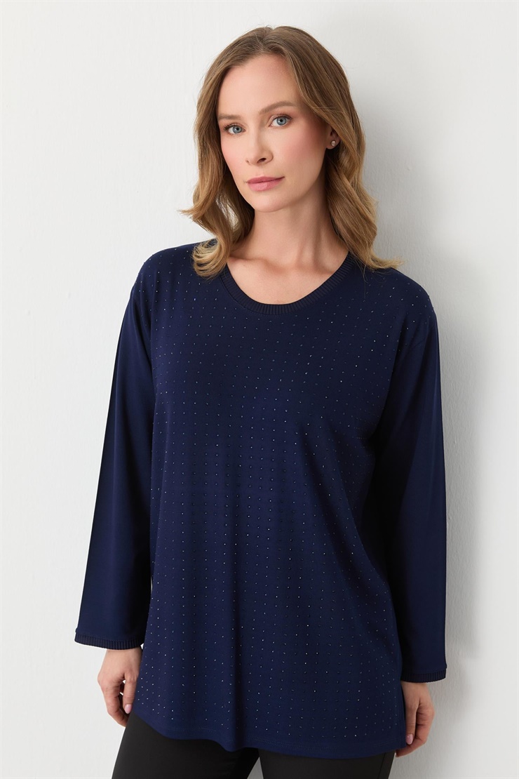 Mutlu Ertan Kadın Kare Taşlı Bluz Lacivert 30431