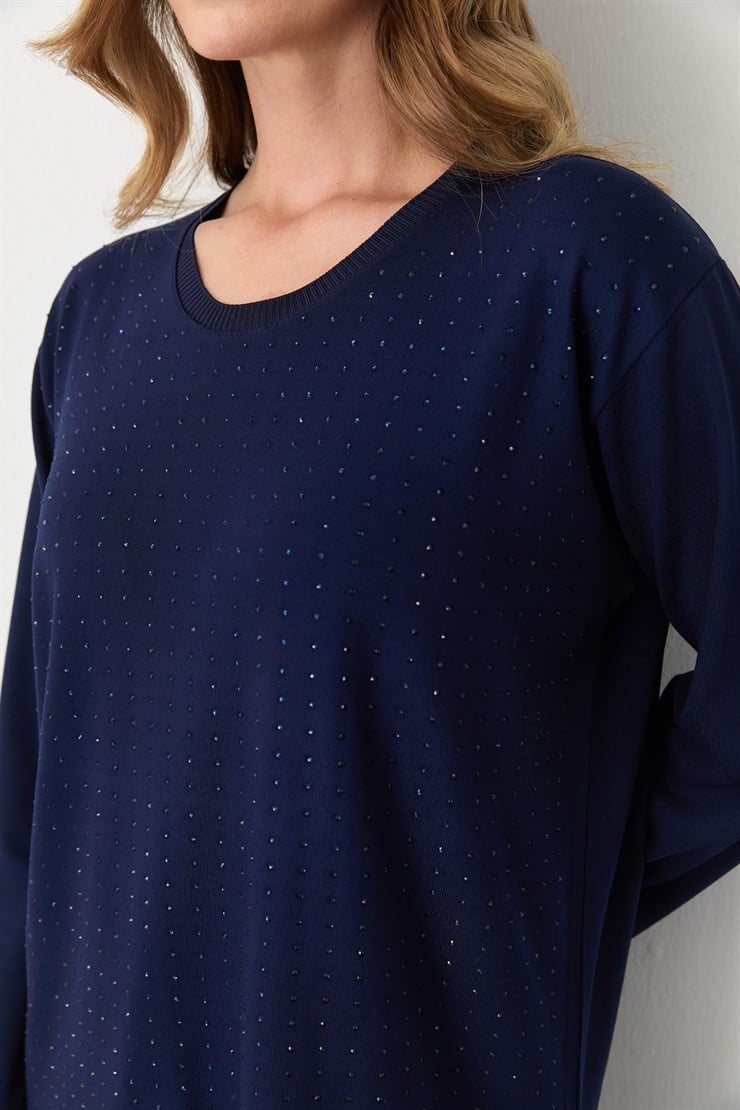 Mutlu Ertan Kadın Kare Taşlı Bluz Lacivert 30431