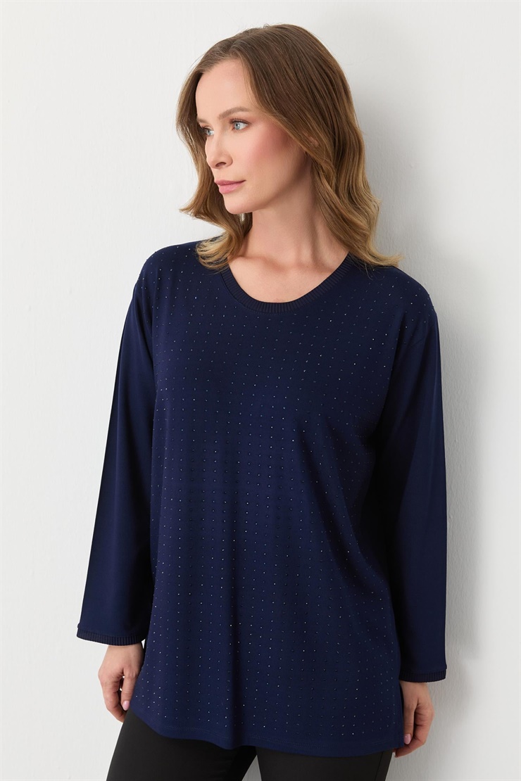 Mutlu Ertan Kadın Kare Taşlı Bluz Lacivert 30431