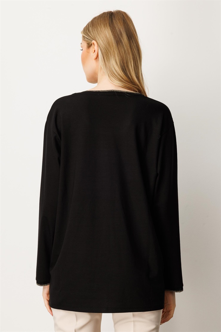 Mutlu Ertan Kadın Kare Taşlı Bluz Siyah 30431