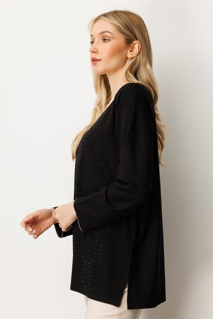 Mutlu Ertan Kadın Kare Taşlı Bluz Siyah 30431