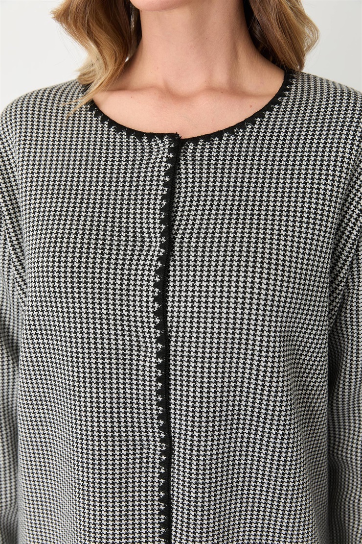 Mutlu Ertan Kadın Kazayağı Desenli Merrowlu Hırka Siyah-Ekru 20094