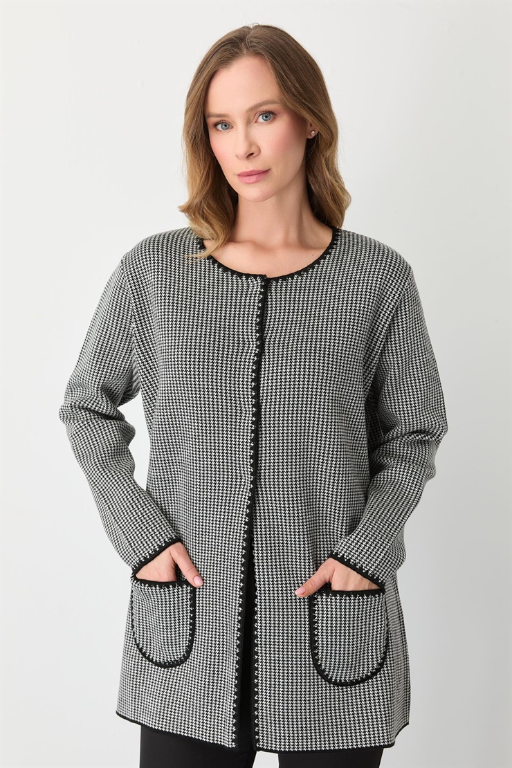 Mutlu Ertan Kadın Kazayağı Desenli Merrowlu Hırka Siyah-Ekru 20094